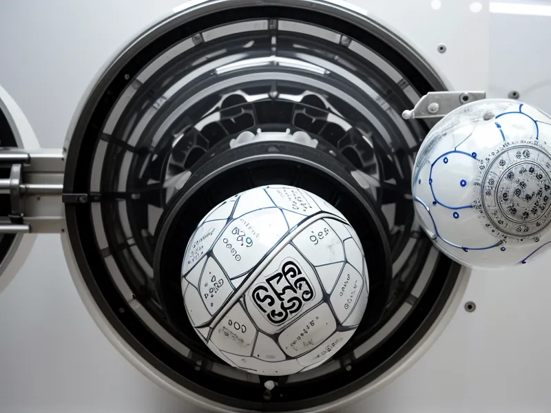 A physical lottery drawing machine with white balls swirling inside a clear drum.