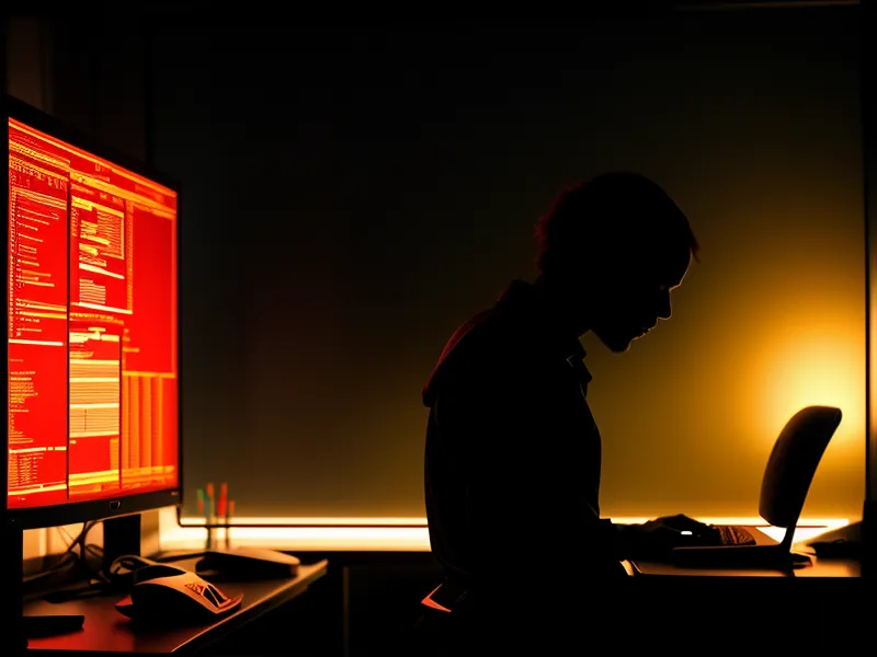 A man analyzing lottery data on two computer monitors in a dark room.