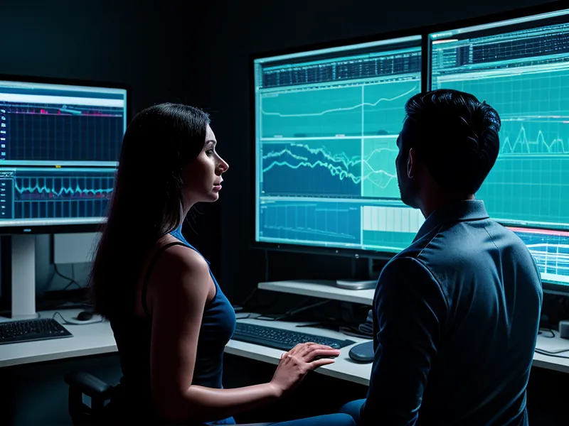 A man showing his wife a complex lottery analysis dashboard on a computer screen.